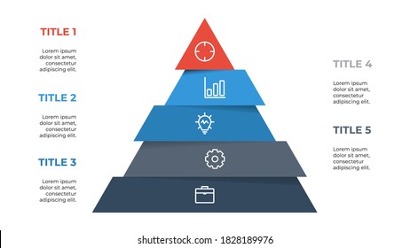 infographic element layout template with pyramid or triangle concept design, 5 points, options. processes, list, diagram, chart.