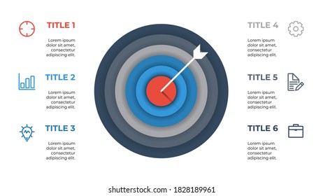 infographic element layout template with target and arrow concept design, 6 points, options, processes, list, diagram, chart.