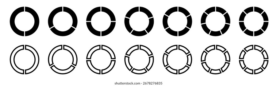 Forma redonda do elemento infográfico. Conjunto de círculos de cores diferentes isolados. Diagramas de gráficos de pizza. Conjunto de círculos.  Ilustração vetorial.