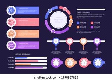 Infographic element set. Business information graph, economic graphic, diagram, growth chart. Presentation template. Web data analysis, marketing infograph construction. Vector illustration.