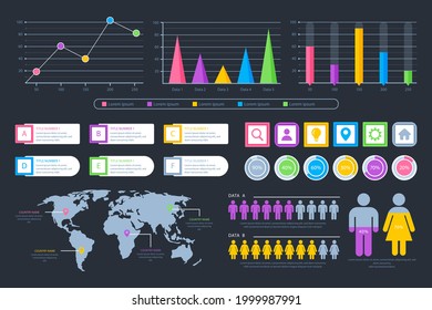 Infographic element set. Business information graph, economic graphic, diagram, growth chart. Presentation template. Web data analysis, marketing infograph construction. Vector illustration.