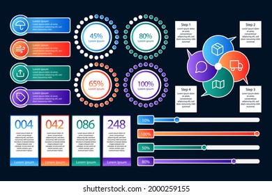 Conjunto de elementos infográficos. Gráfico de información empresarial, gráfico económico, diagrama, gráfico de crecimiento. Plantilla de presentación. Análisis de datos web, construcción de infografías de marketing. Ilustración vectorial.