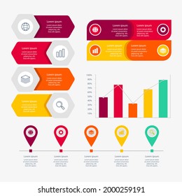 Infographic element set. Business information graph, economic graphic, diagram, growth chart. Presentation template. Web data analysis, marketing infograph construction. Vector illustration.