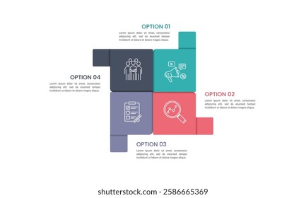 Infographic element square with four steps or options. Presentation, Process, Strategy, Plan and Information. Vector illustration.