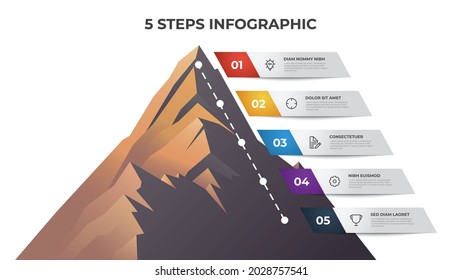 infographic element template with 5 steps, list, bullet, options, timeline diagram with mountain vector