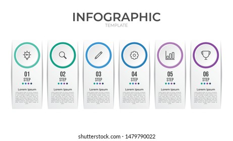 Infografische Elementvorlage mit 6 Schritten und Symbolen, Vektorgrafik, Datenvisualisierung, Kann für den Workflow, Zeitstrahl, Banner, Broschüren, Präsentationsfolien usw. verwendet werden.