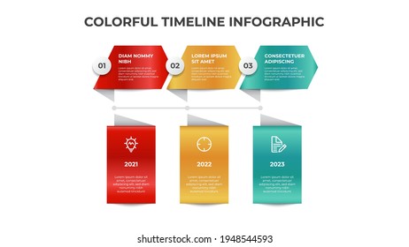 Infografische Elementvorlage, bunter Timeline-Layout-Design mit 3 Punkten, Option, Liste, Darstellung von Geschäftsdaten, Vektorgrafik