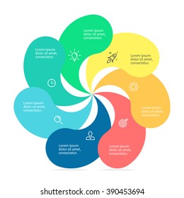 Infographic element with twisted petals. Flat chart, diagram,  graph with 7 steps, options, parts, processes. Vector design element.