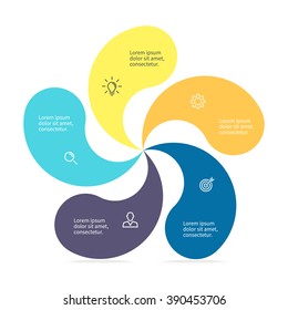 Infographic element with twisted petals. Flat chart, diagram,  graph with 5 steps, options, parts, processes. Vector design element.