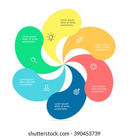 Infographic element with twisted petals. Flat chart, diagram,  graph with 6 steps, options, parts, processes. Vector design element.