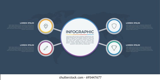 infographic element vector with 4 options, list, circles, can be used for step, workflow, diagram, banner, process, business presentation template, report. dark theme.