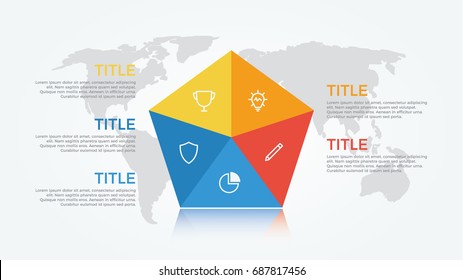 infographic element vector with five number options on world map background, can be used for step, workflow, diagram, banner, process, business presentation template. pentagon shape, light theme.