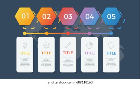infographic element vector with five number options, can be used for step, workflow, diagram, banner, process, business presentation template, timeline, report. hexagons shape, dark theme.