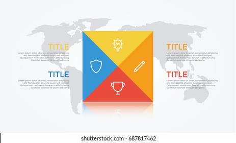 infographic element vector with four number options on world map background, can be used for step, workflow, diagram, banner, process, business presentation template. rectangular shape, light theme.