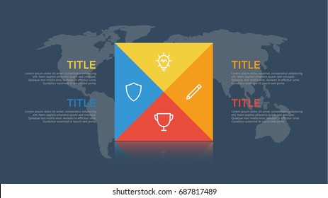 infographic element vector with four number options on world map background, can be used for step, workflow, diagram, banner, process, business presentation template. rectangular shape, dark theme.