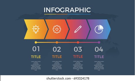 Infographic Element Vector With Four Number Options, Can Be Used For Step, Workflow, Diagram, Banner, Process, Business Presentation Template, Timeline, Arrow Shaped, Dark Theme.