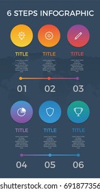 infographic element vector with six number options, can be used for step, workflow, diagram, banner, process, business presentation template, web design, timeline, report. circles, dark theme.