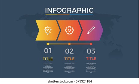 infographic element vector with three number options, can be used for step, workflow, diagram, banner, process, business presentation template, timeline, arrow shaped, dark theme.