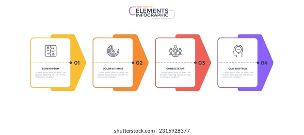 Infographic elements with 4 rectangle details placed in horizontal row on white background. Business progress flow with arrows. Modern linear vector illustration for commercial presentation