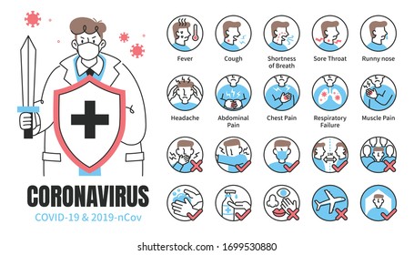 Infographic elements about COVID-19 symptoms and protective measures, with a doctor holding shield and sword on the right side, for health education use