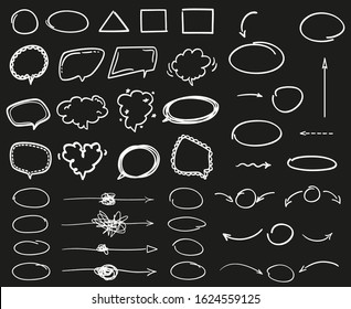 Infographic elements. Abstract arrow on isolated black background. Different objects. Hand drawn tangled arrows. Set of different shapes. Black and white illustration
