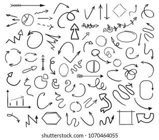 Infographic elements. Abstract circles, arrows and rectangle frames. Big set of different signs on isolation background. Hand drawn simple symbols for design. Line art