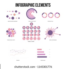 Infographic Elements, Annual Presentation Vector Set. Pink, Purple Female Trendy Data Visualisation Design. Data Rating Diagram, Path, Target Chart. Statistics Ads Infographic Elements