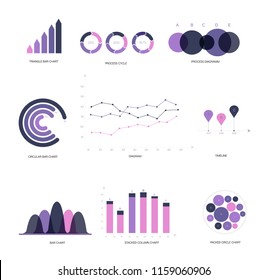 Infographic Elements, Annual Presentation Vector Set. Pink, Purple Female Trendy Data Visualisation Design. Big Data Diagram, Path, Target Circle Chart. Statistics Ads Infographic Elements