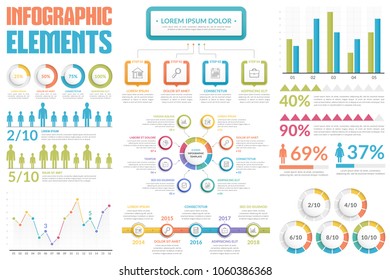Infographic elements - bar and line charts, people infographics, circle diagram, process diagram, steps/options, round progress indicators, timeline, percents, vector eps10 illustration