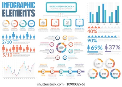 Infographic elements - bar and line charts, people infographics, diagrams, steps/options, round progress indicators, timeline, percents, vector eps10 illustration