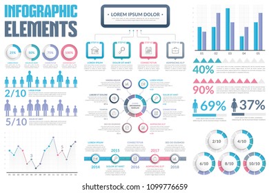 Infographic elements - bar and line charts, people infographics, circle diagram, process diagram, steps/options, round progress indicators, timeline, percents, vector eps10 illustration