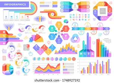 Elementos infográficos: gráficos de barras y líneas, porcentajes, gráficos circulares, pasos, opciones, escala de tiempo, infografía de personas, eps vectoriales10 ilustración