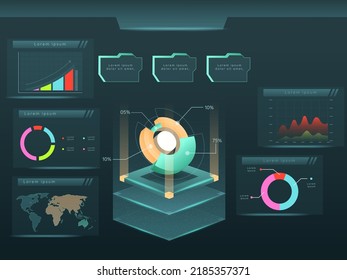 Infographic Elements - Bar And Line Charts, Percents, Pie Charts, Comparison Chart, Geographic Locations Chart. 3D Style Presentation.