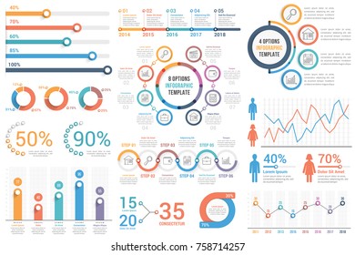 Infographic elements - bar and line charts, percents, pie charts, steps, options, timeline, people infographics, vector eps10 illustration - Shutterstock ID 758714257