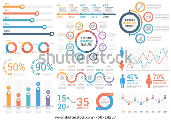 Infographic elements - bar and line charts,\
percents, pie charts, steps, options, timeline, people\
infographics, vector eps10\
illustration