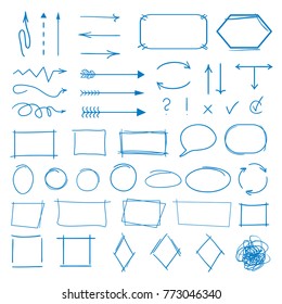Infographic elements. Big set of different signs on isolation background. Hand drawn simple elements. Highlighters for design. Line art. Abstract circles, arrows and rectangle frames. Doodles for work
