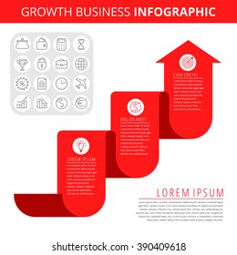 Infographic Elements. Business Design Concept And Isolated Line Icon Set. Vector Growth Business Chart. Flat Red Arrow And Line Icons. Process Of Increase Money And Profit