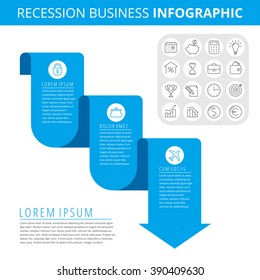 Infographic Elements. Business Design Concept And Isolated Line Icon Set. Vector Icons, Recession Chart. Flat Blue Downward Arrow As A Process Of Decrease Business.