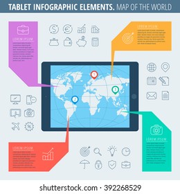 Infographic elements. Business icons set. Flat line illustration of tablet computer with a map of the world on the screen. Info graphic vector design template, diagram map