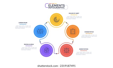 Elementos infográficos de la plantilla de modelo de negocio con 5 pasos coloridos sobre fondo blanco. Ciclo de cuatro etapas con iconos. Ilustración vectorial lineal moderna para el rendimiento de datos comerciales