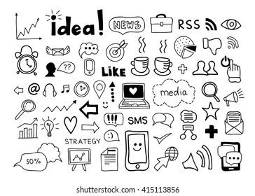 Infographic elements. Business and office hand drawn vector doodles. Internet, computer, digital marketing icons