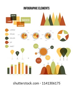 Infographic Elements, Business Presentation Vector Set. Brown, Green Graphic Information, Data Visualisation Design. Data Set Diagram, Path, Target Circle Chart. Education Poster Infographic Elements