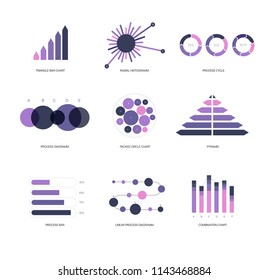 Infographic Elements, Business Presentation Vector Set. Pink, Purple Female Trendy Data Visualisation Design. Data Set Diagram, Path, Target Circle Chart. Modern Education Infographic Elements
