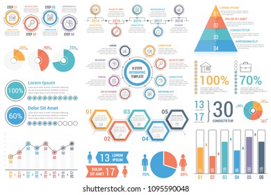 Infographic elements for business and presentations - percents, timeline, bar and line charts, pyramid, circle diagram, pie charts, vector eps10 illustration
