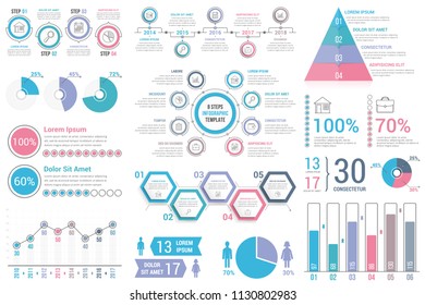 Infographic elements for business and presentations - percents, timeline, bar and line charts, pyramid, circle diagram, pie charts, vector eps10 illustration