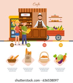 Infographic elements of cafe. People engaged buying in cafe, choose products and bakery from the menu, the employee of the counter, offers organic products. Modern template design isolated.