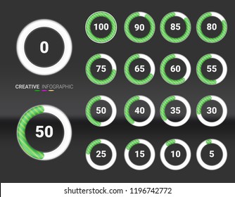 Infographic Elements Chart circle with indication of percentages, diagrams from 0,5,10,15,25,30,35,40,50,55,60,65,75,80,85,90,100 ready-to-use for web design.