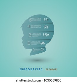 Infographic elements with child head improvement and development skill concept. Include eating, bicycle, heart, song and success icon.