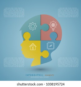 Infographic elements with child jigsaw head improvement and development skill concept. Include simple icons.