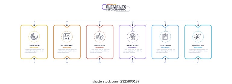 Infographic elements, choice diagram with 6 rectangular frames and icons on white background. Choosing options of company service. Modern linear vector illustration for presentation and websites